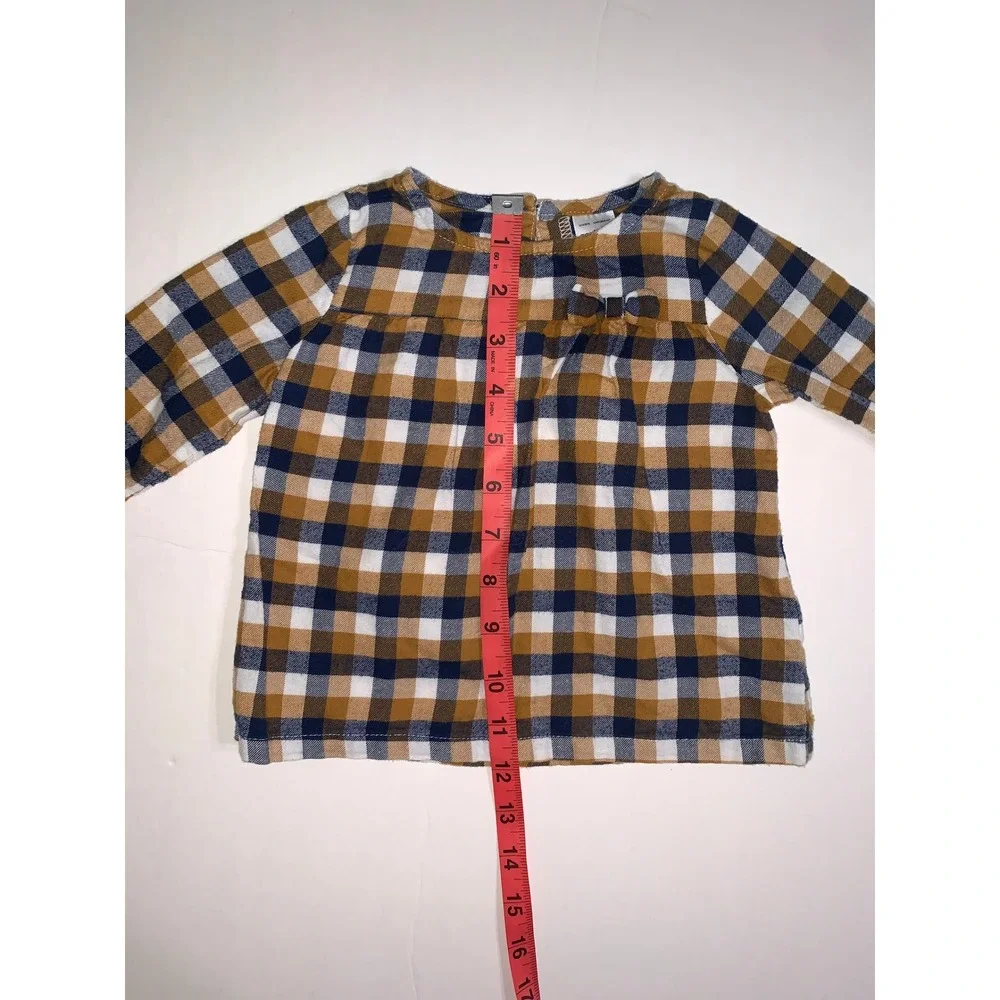 Carters 12M Mustard Yellow Navy Blue Gingham Plaid Long Sleeve Bow‎ Top 1J165910